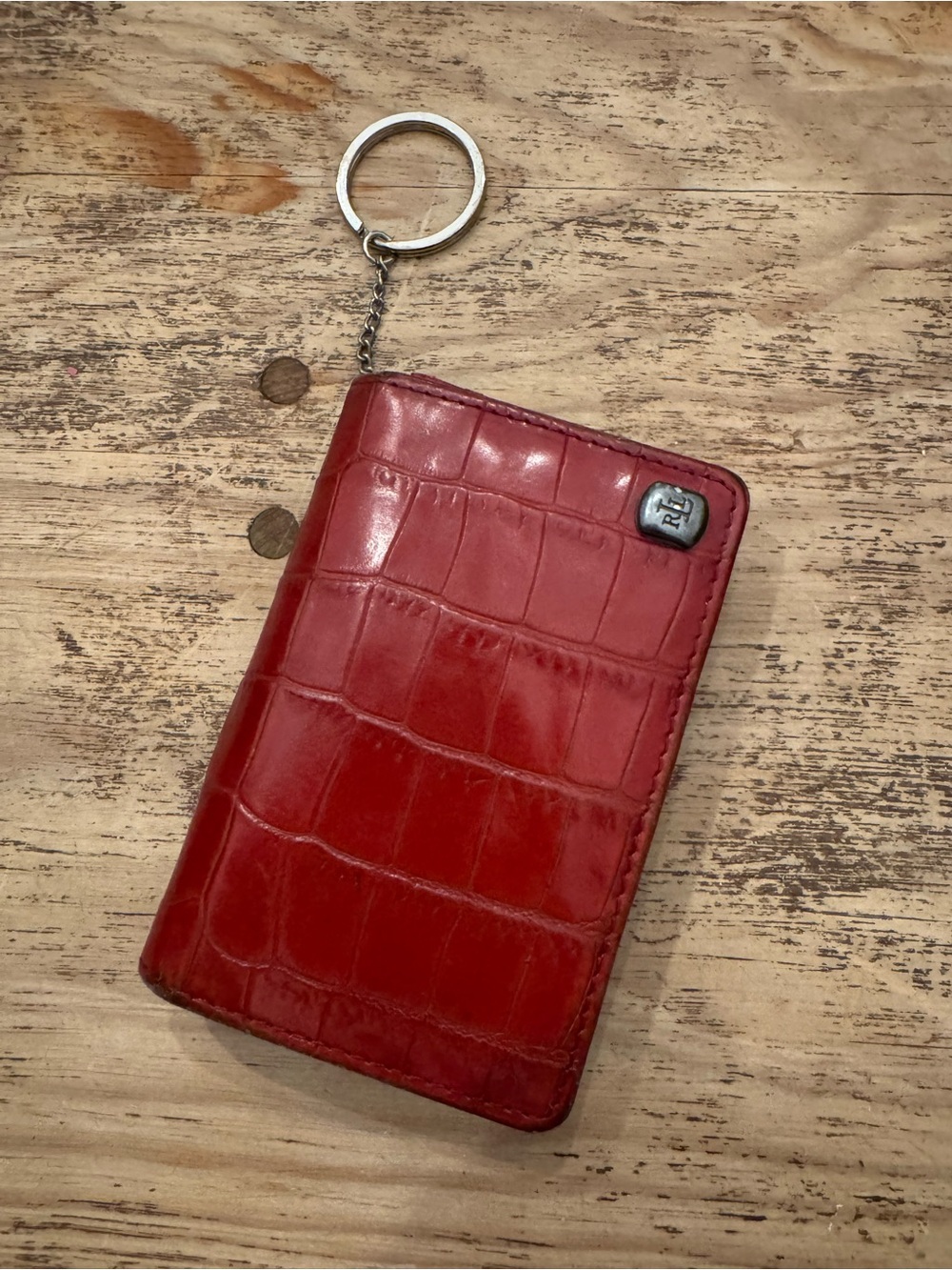 Ralph Lauren Red Leather Credit Card Wallet Keychain - silver RLL logo